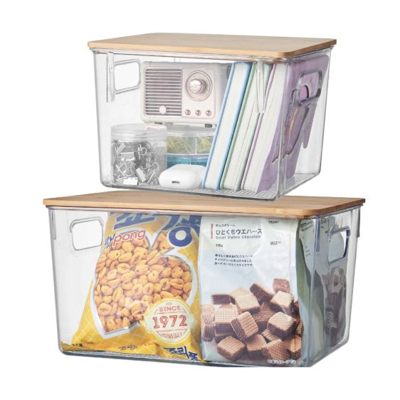 Clear Plastic Storage Box with Bamboo Lid and Handles