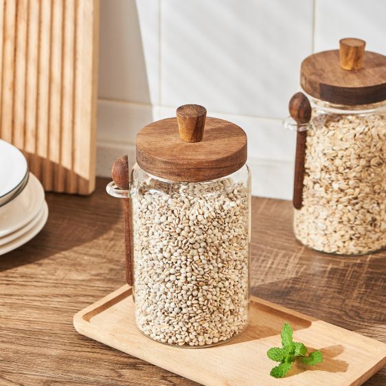 Glass Kitchen Storage Jar with Acacia Lid and Spoon