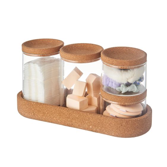 Set of 4 Stackable Glass Jars with Cork Lid and Stand