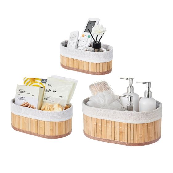 Stackable Bamboo Storage Baskets with Lining, Set of 3 