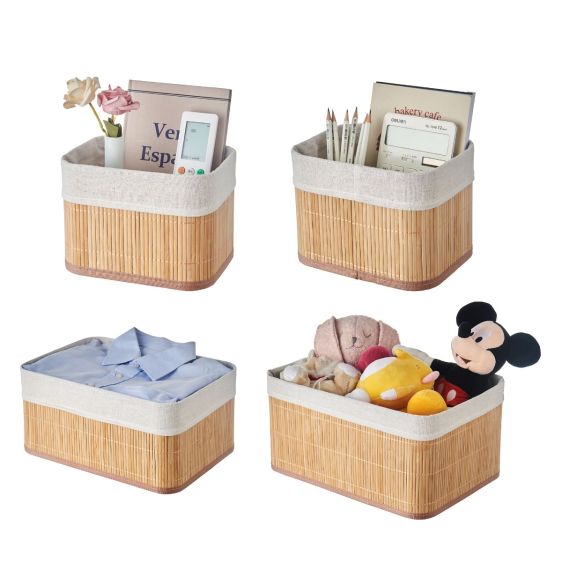 Stackable Bamboo Storage Baskets with Lining, Set of 4