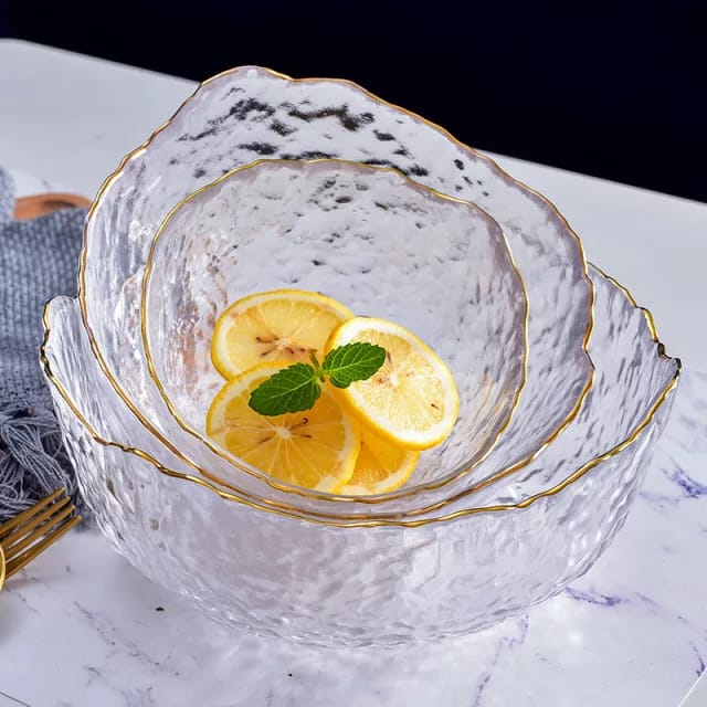 Irregular Gold Inlay Edge Glass Salad Bowl Fruit Rice Serving